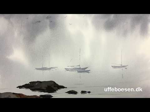 Sea Fog watercolor sailing ship in The background colors indigo burnt sienna neutral tint W&N paper