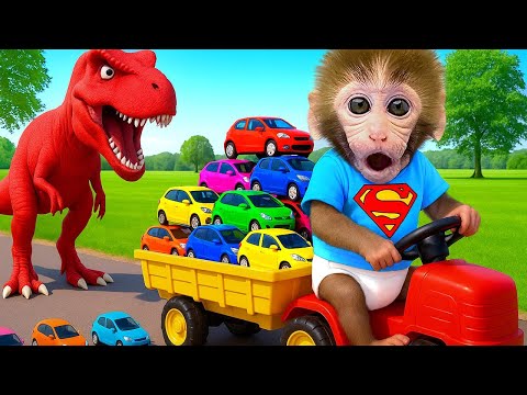 Le singe BonBon conduit une supercar multicolore pour aller faire du shopping avec le petit caneton