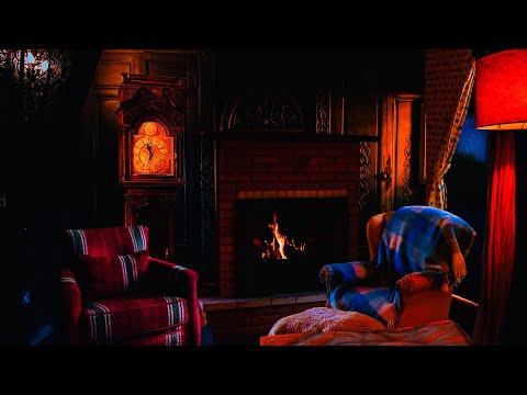 Grandfather Clock Ambiance Ticking w/ Periodic Chime, Cozy Fireplace & Rain | Clock Sounds for Sleep
