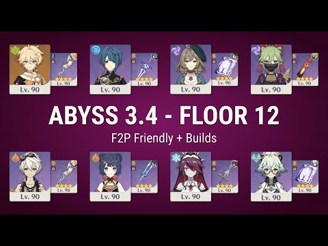 Spiral Abyss 3.4 Floor 12 | F2P 4 star characters and 4 star weapons + Builds | Mobile tablet.