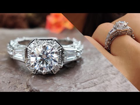 1.59 TCW Round and Tapered Baguette Colorless Moissanite Art-Deco Engagement Ring | Anniversary Gift