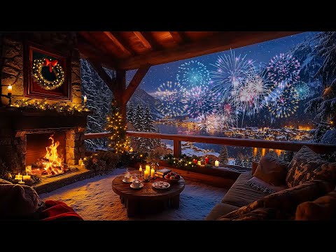 Cozy Cabin New Year’s Eve 🎆 Soothing Piano Jazz, Warm Fireplace Sounds & Fireworks for Relaxation