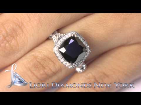 BDR-SOLD-053 - 4.08 Carat Certified Cushion Cut Black Diamond Ring 18k Pave Halo Vintage Style