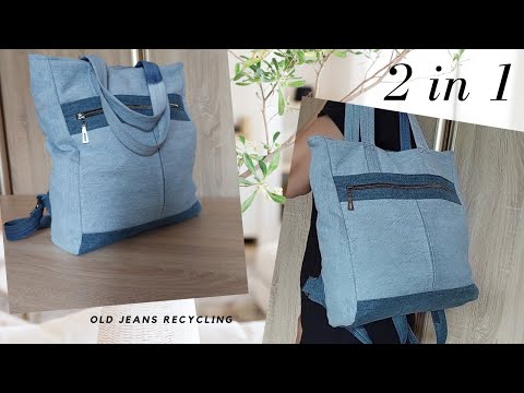 2 in 1 Backpack and Shoulder Bag/Tote Bag sewing tutorial out of old jeans/DIY Denim Backpack