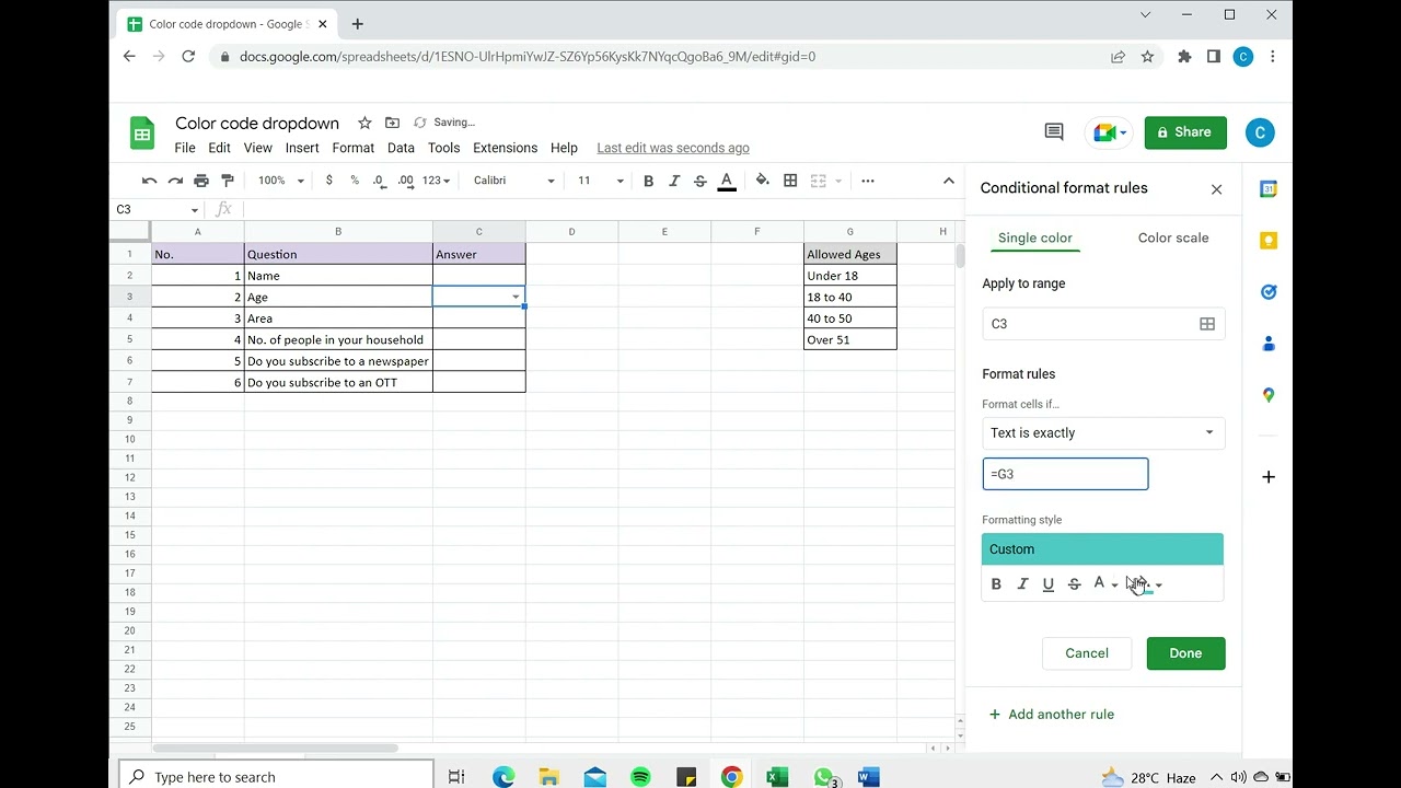 How to color code drop down list in Google Sheets