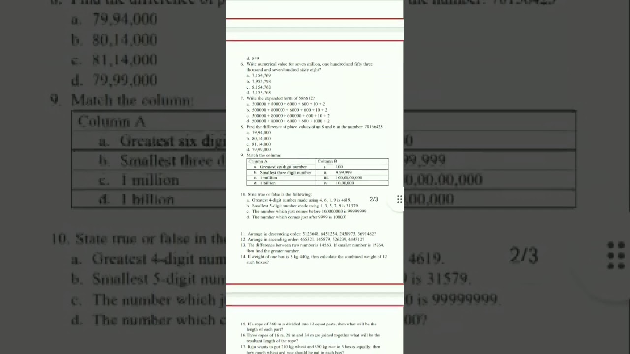 Class 6 maths chapter - 1 worksheet ➗✖️ || Chapter 1 Knowing our numbers practice worksheet ||