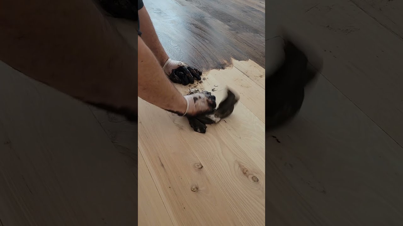 Water Popping and Staining a Solid Hickory Floor #shorts  #woodworking #woodwork #woodfloors