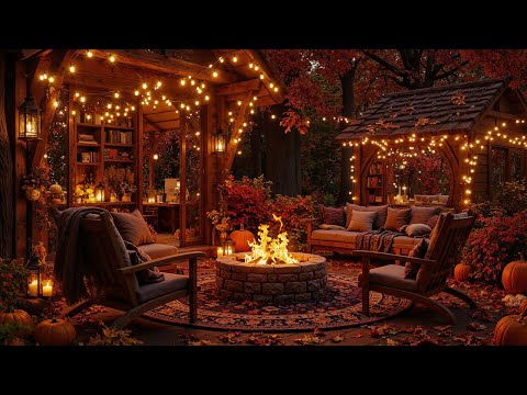 Peaceful Autumn Porch in Forest 🍂 Fireplace Ambience with Smooth Jazz for Cozy Study Moments