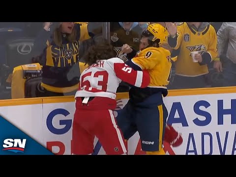 Predators' Filip Forsberg, Red Wings' Mortiz Seider Fight in Battle of Unexpected Combatants