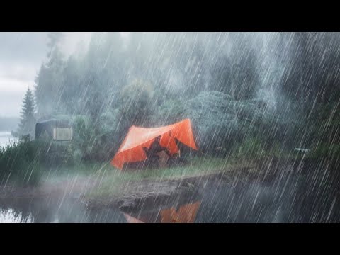 HEAVY RAIN CAMPING‼️CAMPING BY THE LAKE • BUILDING A TENT DURING LIGHTNING RAIN (ASMR)
