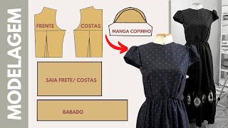 MODELAGEM FACIL - VESTIDO MIDI COM MANGA COPINHO - aula de modelagem e costura passo a passo