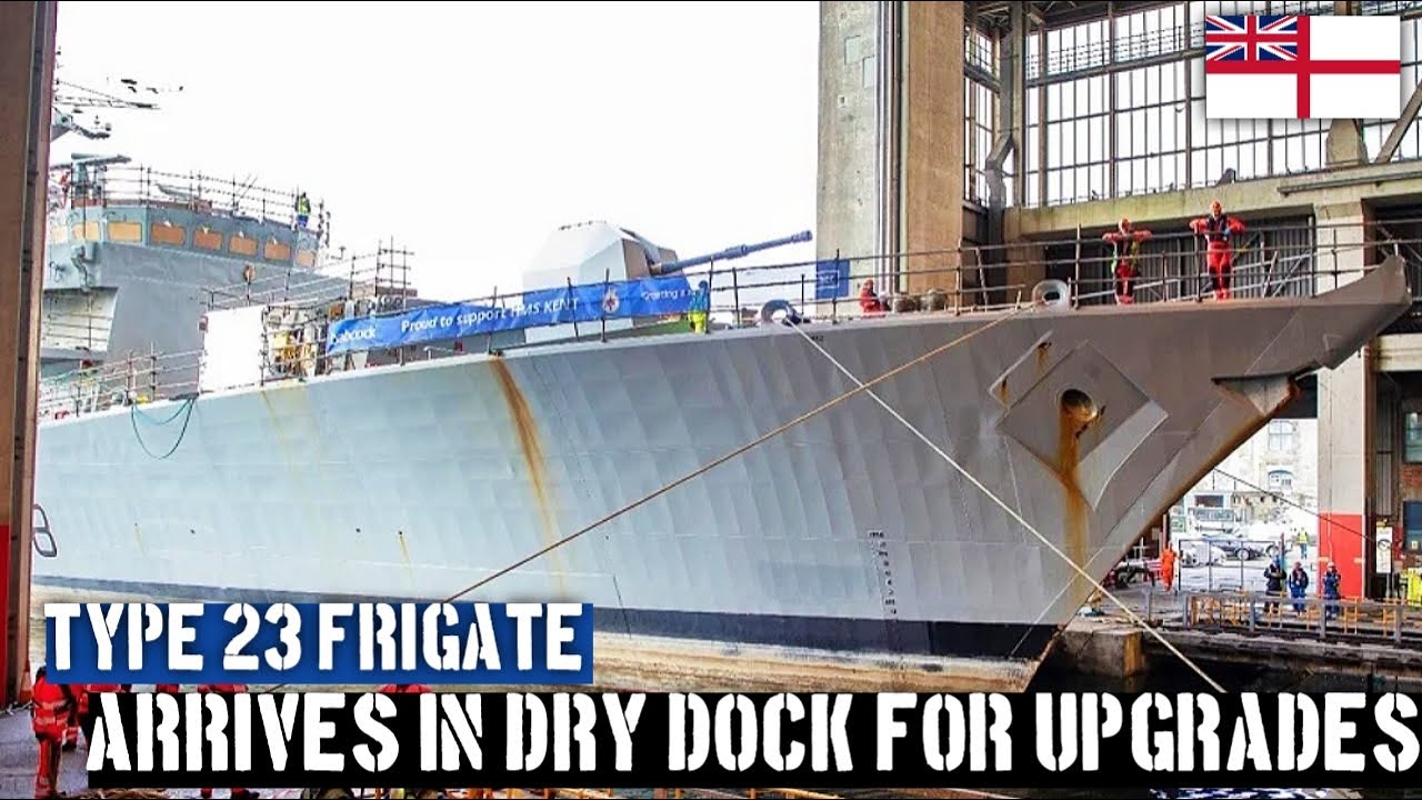 The Royal Navy Type 23 frigate, HMS Kent, arrives at Babcock drydock in Devonport for upgrades