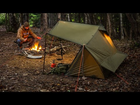 Bushcraft Tarp Tent Camping In Forest With Campfire Cooking