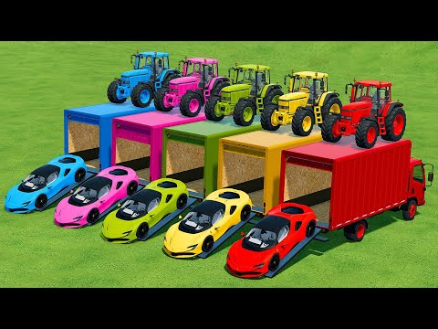TRANSPORTING JOHN DEERE TRACTORS & FERRARI CARS WITH ISUZU TRUCKS - Farming Simulator 22