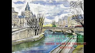 Water Color Painting/France,The Seine in Paris in winter