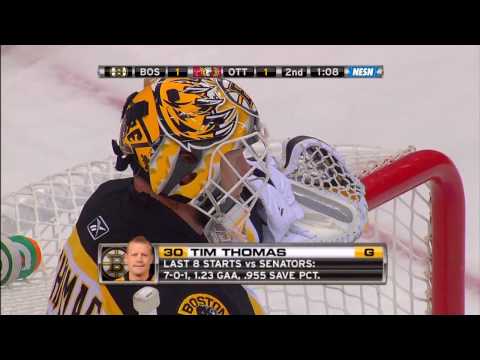 Tim Thomas makes an incredible save on Alfredsson 10/24/09 HD