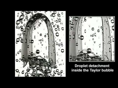 Droplet Detachment and Bubble Coalescence at the Tail of a Taylor Bubble in Dense Gas/Liquid Flow