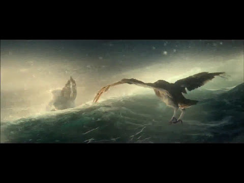 Legend of the Guardians trailer frame: Soren banking through moonlit clouds toward the Great Tree