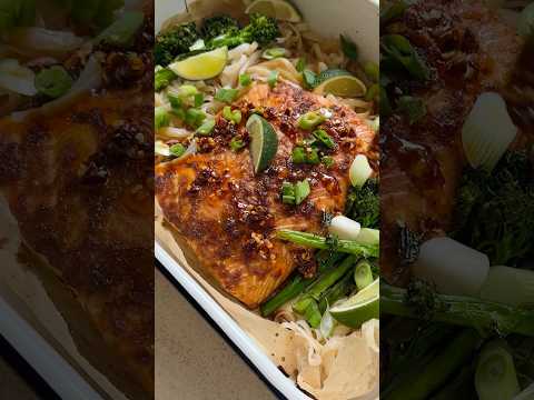 SHEET PAN STICKY SALMON AND NOODLES