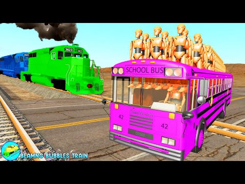 Bus vs Cars - Rescue Truck vs Rails -  Beamng Bubbles Train 07