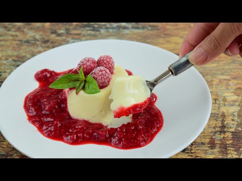 The best dessert made with cream. Panna cotta recipe with raspberry sauce.