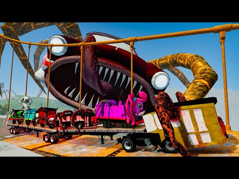 ALL MONSTERS on the Double flatbed Big & Small Cars vs Broken Bridge with CAR EATER – BeamNG.Drive