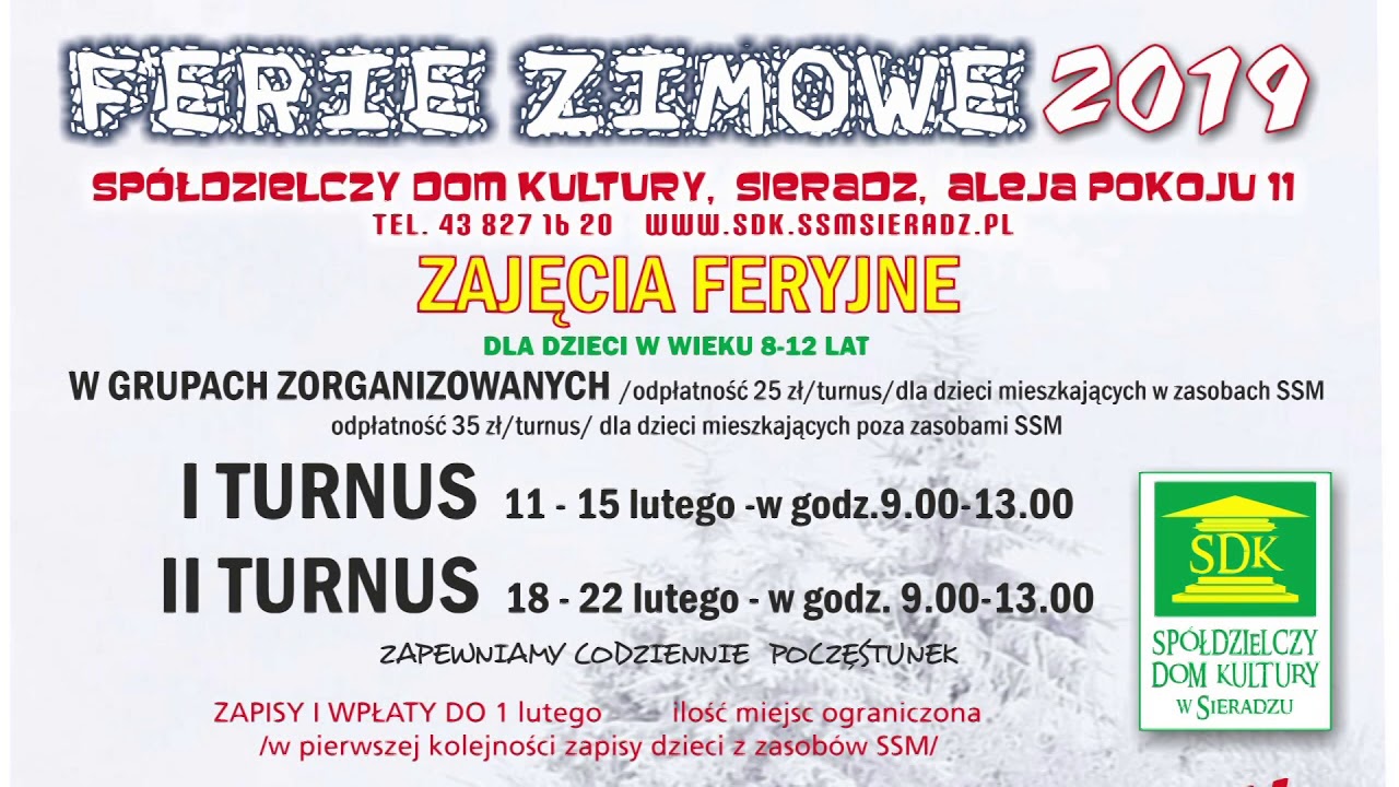 Ferie zimowe z Spółdzielczym Domu Kultury w Sieradzu – ogłoszenie