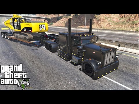 GTA 5 Real Life Mod #187 Peterbilt Hauling A Excavator On An Lowboy Trailer To A Construction Site