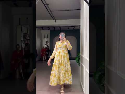 Yellow Weightless Marbal Floral & Foil Printed Stitched Frock with Lace Touch-Up Micro Crepe Lining, Full Sleeves