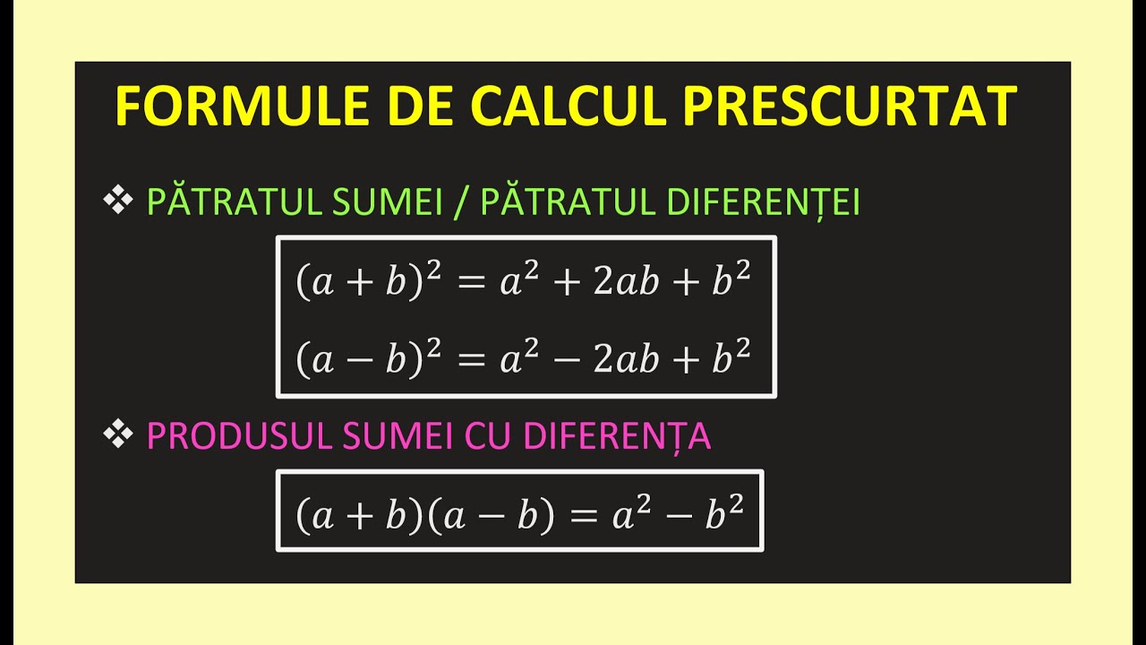 FORMULE DE CALCUL PRESCURTAT CLASA A 8 A MATEMATICA a+b la puterea 2 a+ba b EXERCITII REZOLVATE