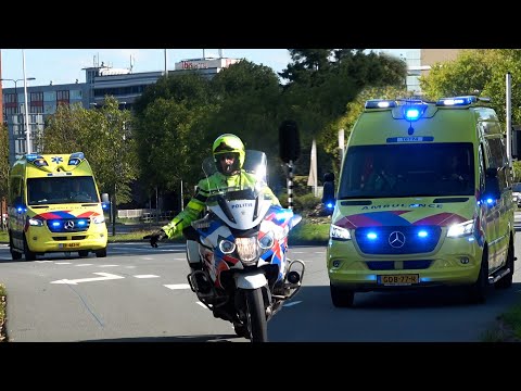 [Spoedbegeleiding & Auto hindert ambulance] [Solo-] Ambulances & Politiemotoren met spoed in Leiden