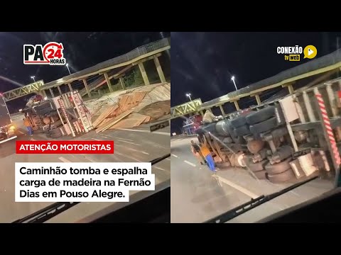 Vídeo: Caminhão tomba e espalha carga de madeira na Fernão Dias em Pouso Alegre.