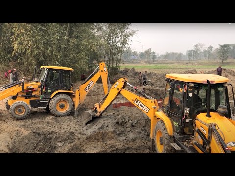 TWO JCB Backhoe 3DX Machine Making A Bridge Foundation, JCB Working Road Construction