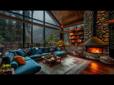 Rainy Day Retreat - Find Peace and Tranquility in a Forest Cabin Cozy Living Room with Fireplace 🔥🌧️
