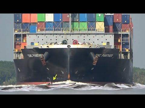 Epic Maneuver! CMA CGM Container Ship Builds Speed in a Narrow Waterway