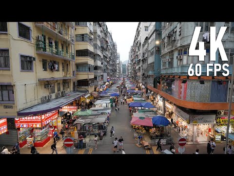 Mercado de rua Fa Yuen de Hong Kong ao pôr do sol | Mong Kok | Passeio a pé em 4K 60FPS