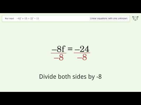 Linear equation with one unknown: Solve -6f+13=2f-11 step-by-step solution