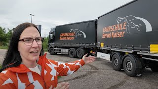 Women make CE truck driving license Bernd Kaiser driving lesson trucker bee and trailer parking