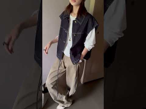 翻領拼格牛仔馬甲下擺繫帶