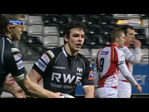 Tom Habberfield slides in on the overlap for try - Ospreys v Dragons 22nd March 2013