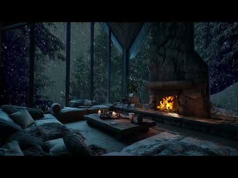 Dark Winter Blizzard Night at a Cozy Cabin with Crackling Fireplace for Deep Restful Sleep