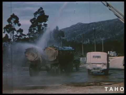 Cover image for Film - Logging For Newsprint - log transport, logging train, logs arrive at Boyer paper manufacturer, paper transport by barge to Hobart then on board ship. Sponsored by Premier's Department