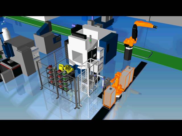 Simulering av en fullautomatisert slipecelle med robotisert inn- og utspenning av komponenter til og fra fiksturer, samt robotisert mating og tilførsel av komponenter. Video: SINTEF Manufacturing 