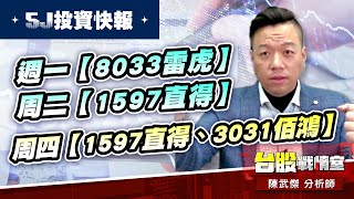 【5J投資快報】週一【8033雷虎】、周二【1597直得】、周四【1597直得、3031佰鴻】#5j投資快｜小武哥投資事務所｜陳武傑 (圖)
