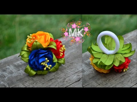 Цветы Канзаши Мастер класс Flowers Kanzashi masterclass Резинка для волос своими руками