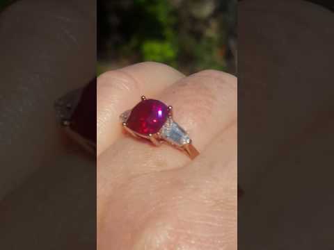 Old Mine Cut Ruby Three-Stone Engagement Ring with Moissanites and Rose Gold