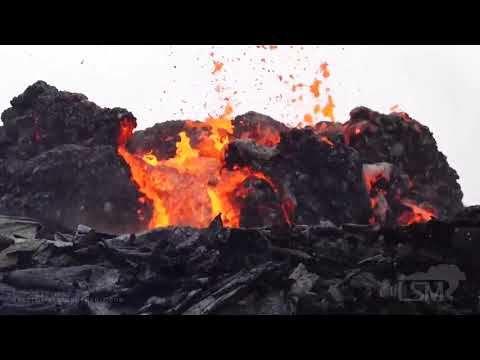 04-07-2021 Grindavik, Iceland - Drone of Volcanic Eruption Strengthening in Snowstorm