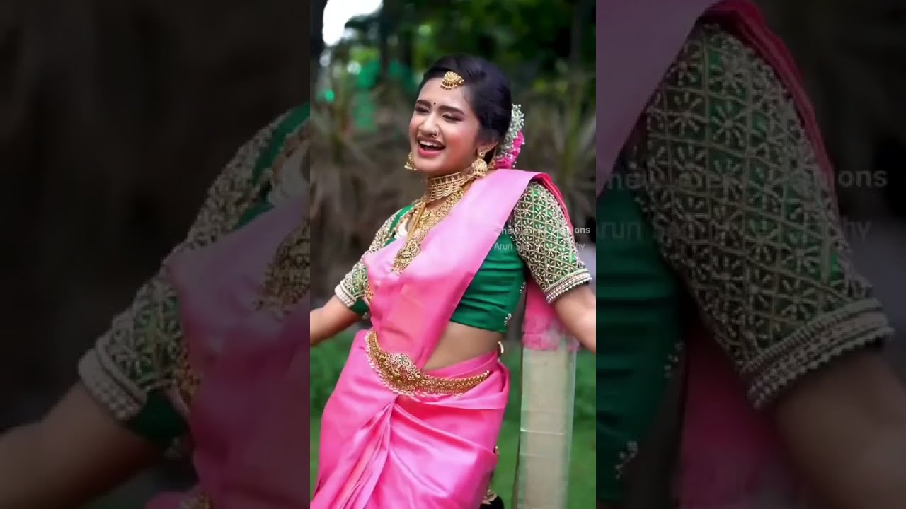 Watch video green aari work blouse with pink saree combination ..bridal makeup Now green aari work blouse with pink saree combination ..bridal makeup