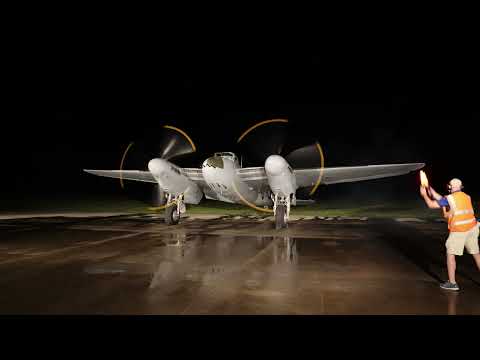 British de Havilland Mosquito sitting on runway firing up engines. 4K