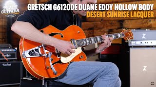 Video thumbnail for No Talking...Just Tones | Gretsch G6120DE Duane Eddy Signature Hollow Body | Desert Sunrise Lacquer by Peach Guitars